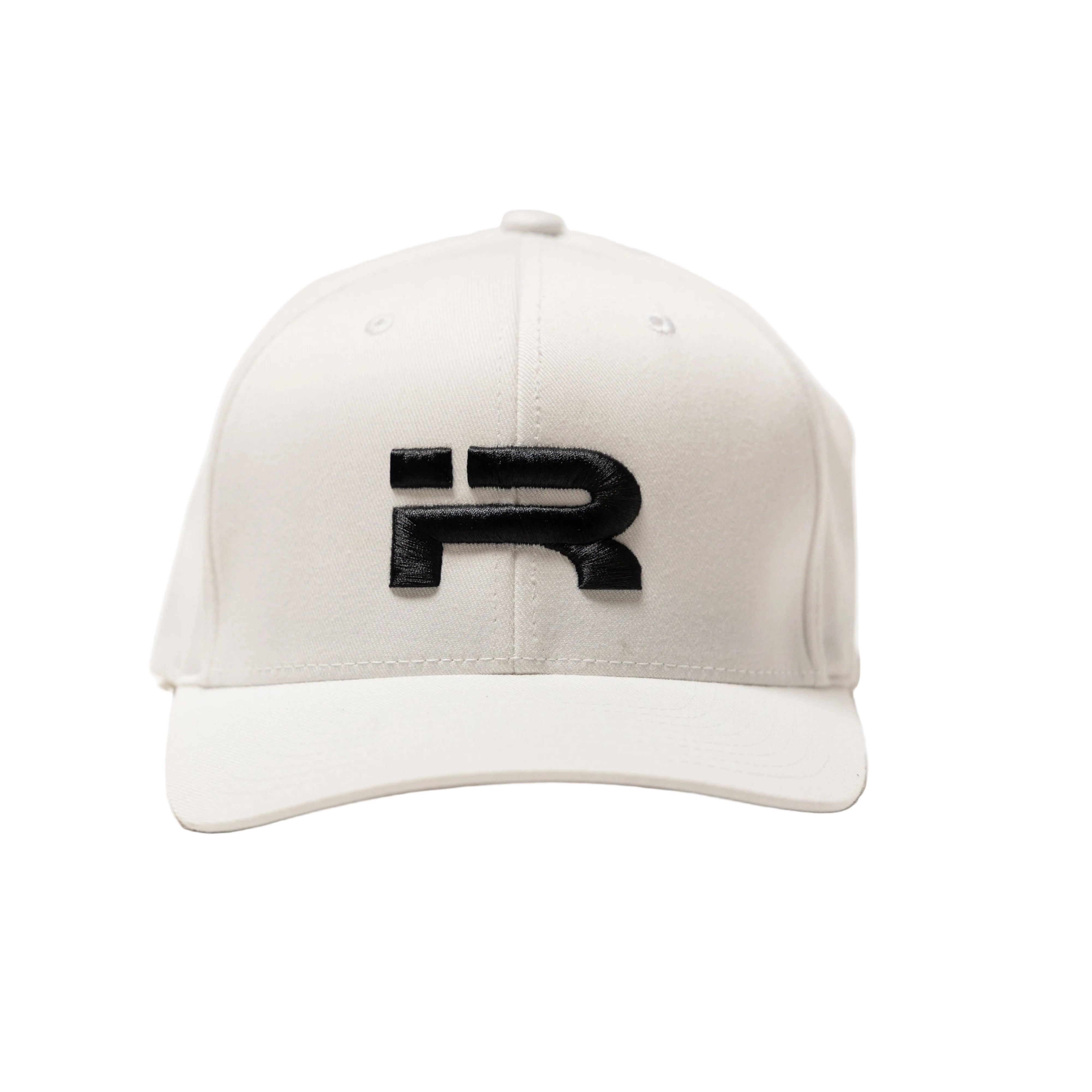 A white structured baseball cap with a black raised 'R' logo on the front, photographed against a clean off-white background.